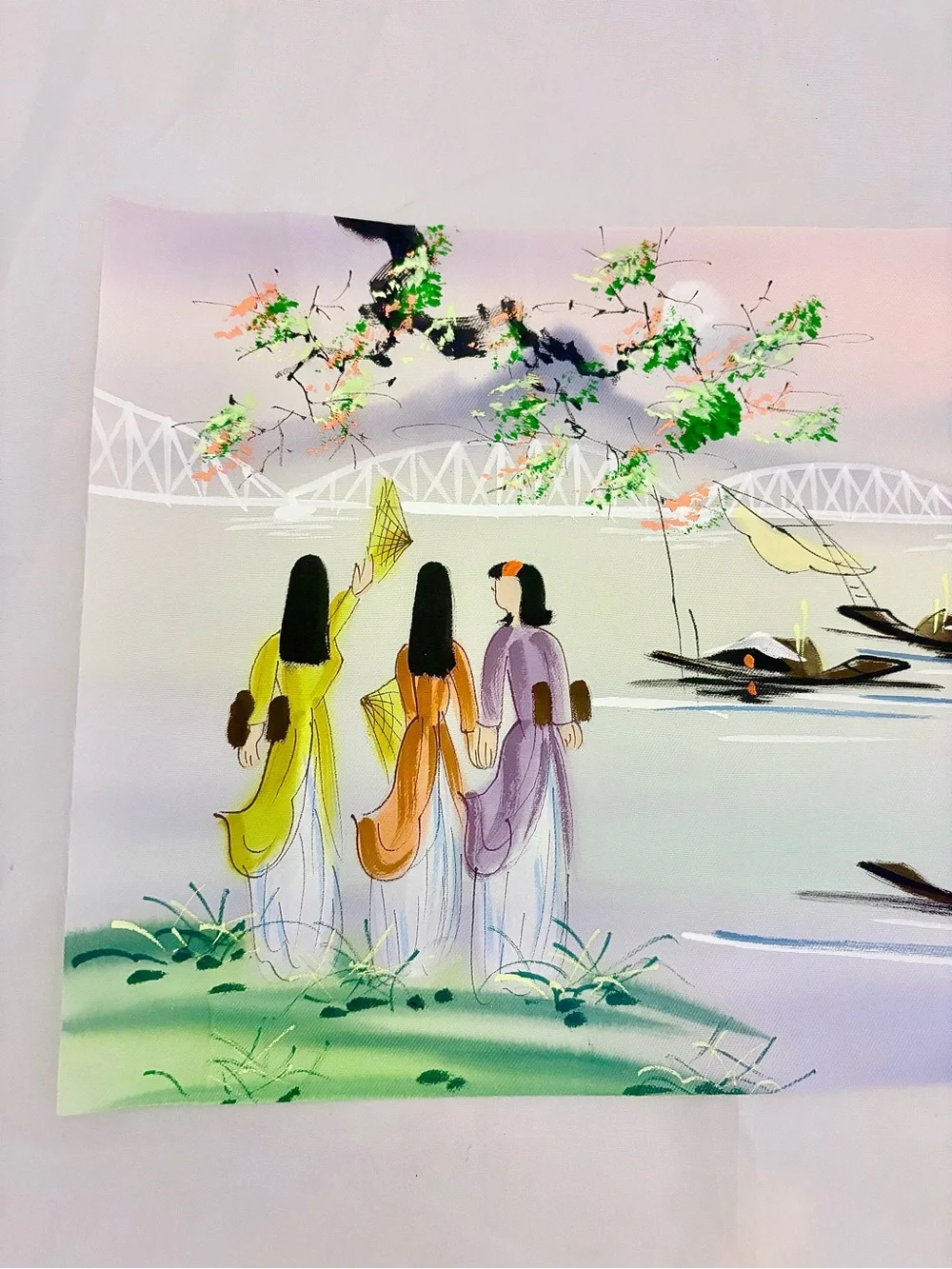 Vintage Hand painted Scene on Fabric Asian Style